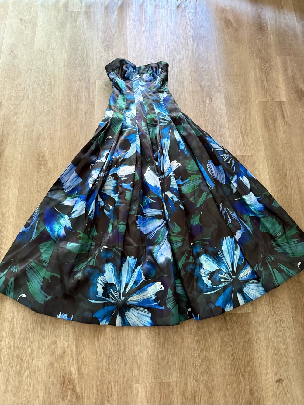 hutch alda blue & green floral print strapless flare maxi gown dress small NEW